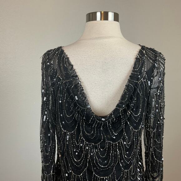 JKara Beaded Chiffon Long Sleeve A-Line Evening Gown Black Size 6 Formal Dress - Picture 6 of 9